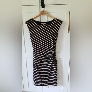 Loft Sheath Dress Womens XS Black Beige Stripe Ruched Side Work